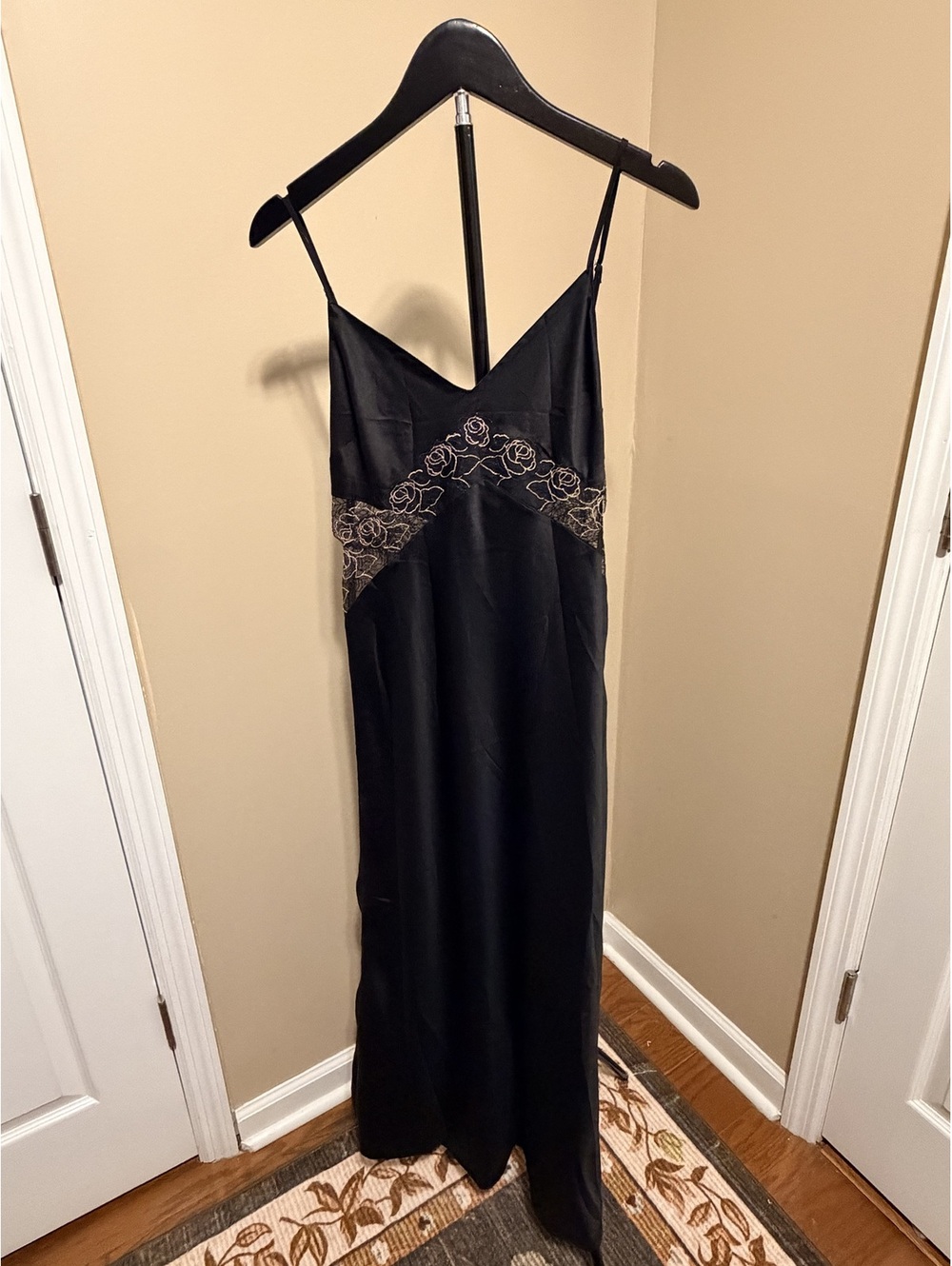 NWT INC Black Slip Gown Gold Lace High Slit Maxi Dress XS